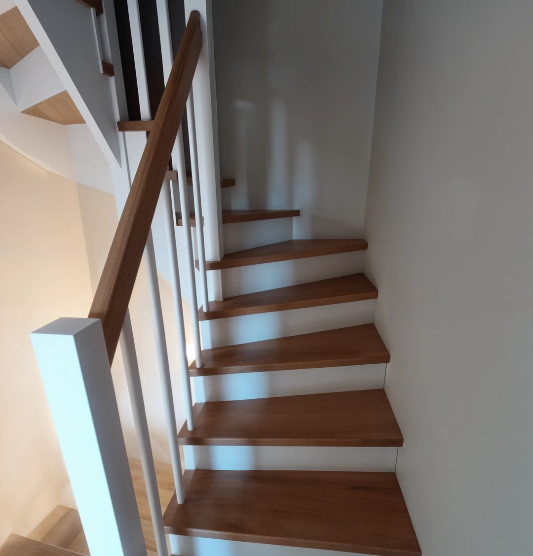 Schody nakładane z białymi prętami balustrady i drewnianymi stopniami 1