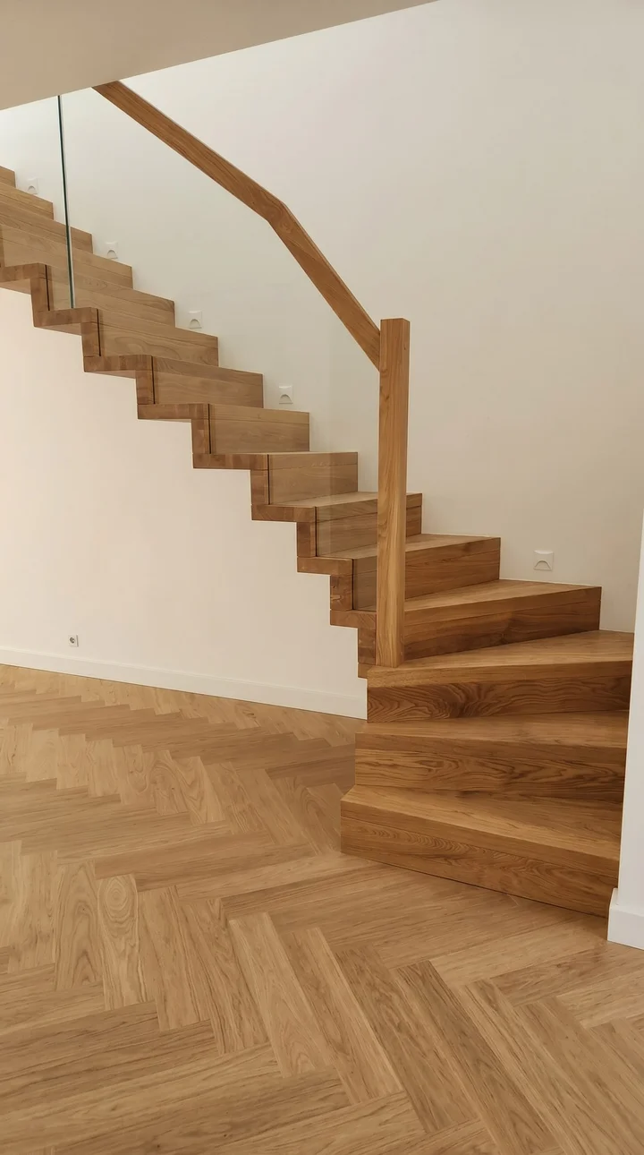 Schody dywanowe z dębu z balustradą szklaną