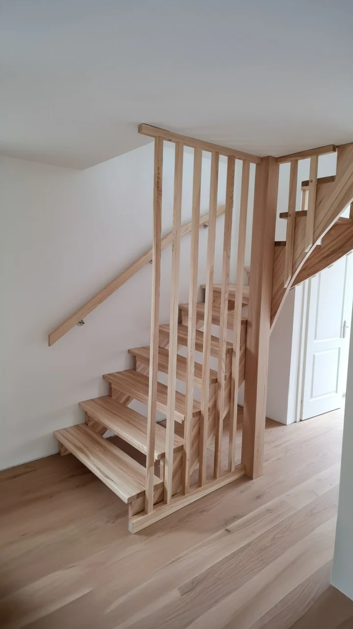 Schody nakładane z jesionu z balustradą drewnianą